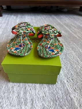 Tory Burch Multicolor Floral Thong Sandals Leather Upper Logo Slip-On Flat